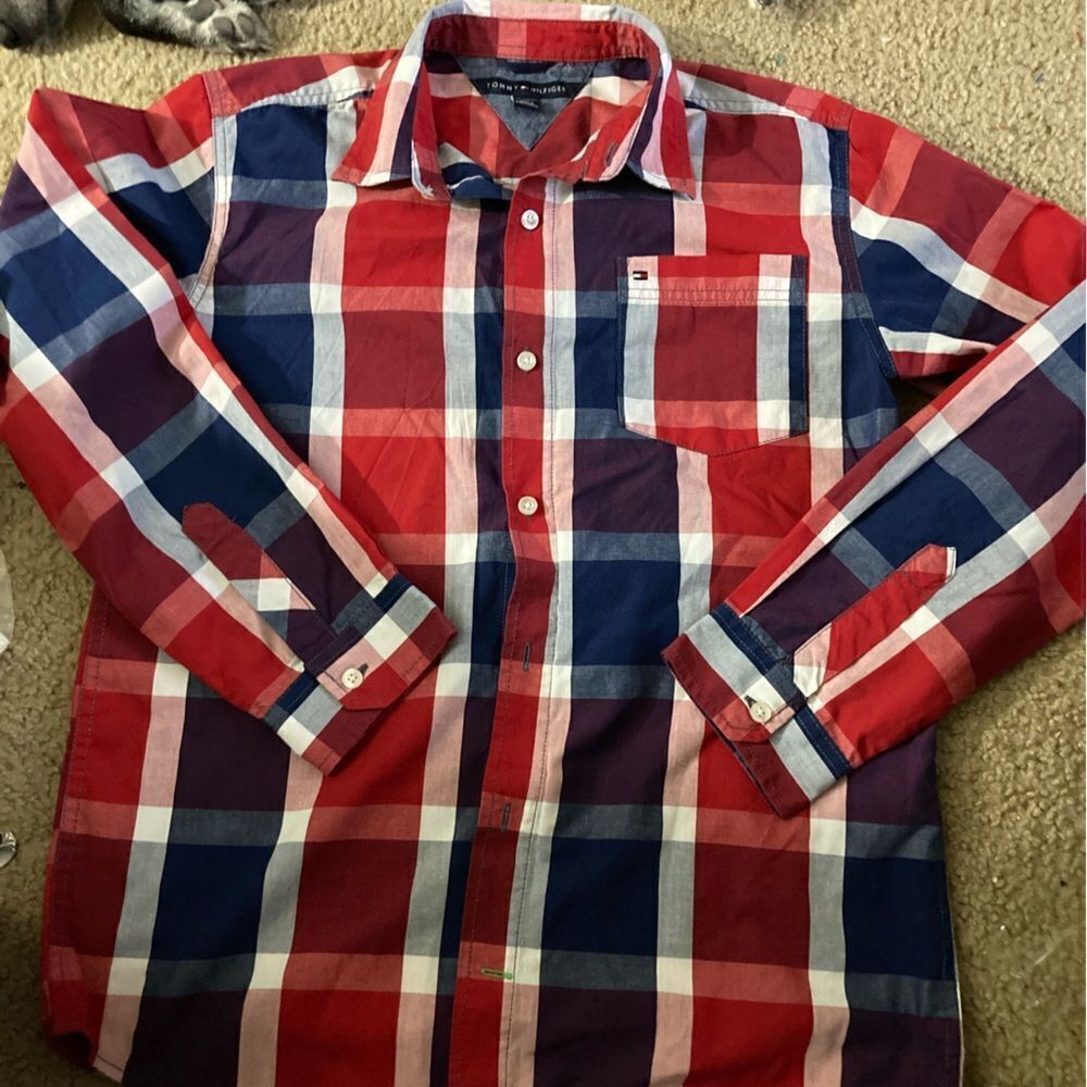 Tommy Hilfiger Red and Blue Plaid Long Sleeve Button Down Shirt